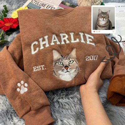 Sweat-shirt brodé avec portrait photo de chat, souvenir de Noël, cadeau pour maman/papa chat